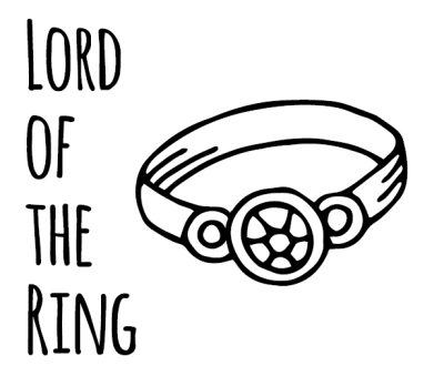 Getekende afbeelding in zwart/wit van een ring en tekst 'Lord of the ring'.