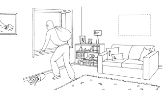 Getekende afbeelding in zwart/wit van een inbreker die door een raam naar buiten stapt