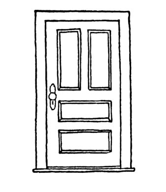 Getekende afbeelding in zwart/wit van een voordeur.