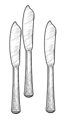 Getekende afbeelding in zwart/wit van een drietal tafelmessen