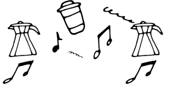 Getekende afbeelding van muzieknoten en koffiepotjes