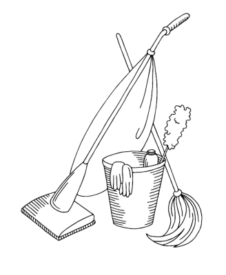 Getekende zwart/wit afbeelding van een emmer, een mop en een steelstofzuiger
