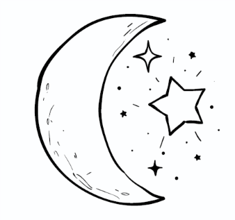 Getekende afbeelding van een maansikkel met daarnaast sterren en sterretjes.