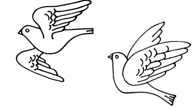 Getekende afbeelding in zwart/wit van twee vliegende duiven
