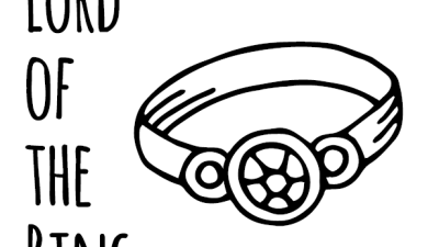 Getekende afbeelding in zwart/wit van een ring en tekst 'Lord of the ring'.