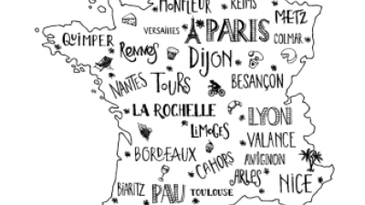 Getekend kaartje van Frankrijk met daarin in vrolijk lettertype de namen van een groot aantal plaatsen