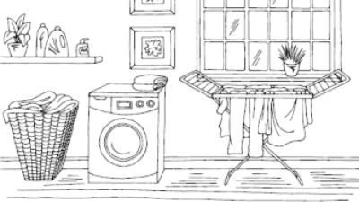 Getekende zwart/wit afbeelding van wasmachine, droogrek en wasmand