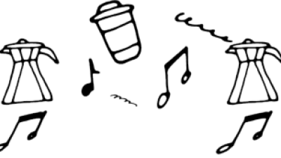 Getekende afbeelding van muzieknoten en koffiepotjes