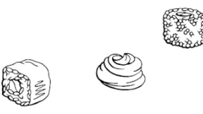 Getekende afbeelding in zwart/wit van een drietal overheerlijke koekjes