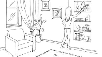 Getekende zwart/wit afbeelding van een jonge vrouw die bezig is een vitrinekast schoon te maken