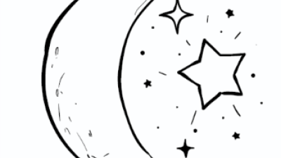 Getekende afbeelding van een maansikkel met daarnaast sterren en sterretjes.