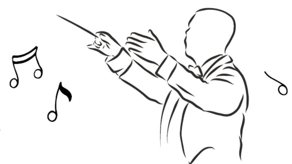Getekende afbeelding in zwart/wit van dirigent met muzieknoten om zich heen.