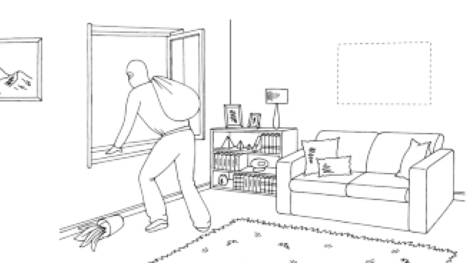 Getekende afbeelding in zwart/wit van een inbreker die door een raam naar buiten stapt